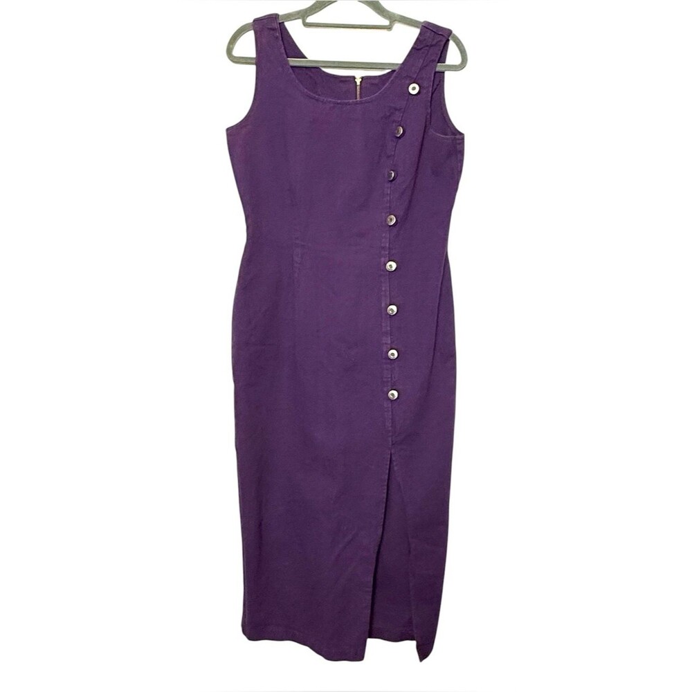 Vintage Switch USA‎ Purple Denim Midi Dress 90s Button Front Slit Size 9